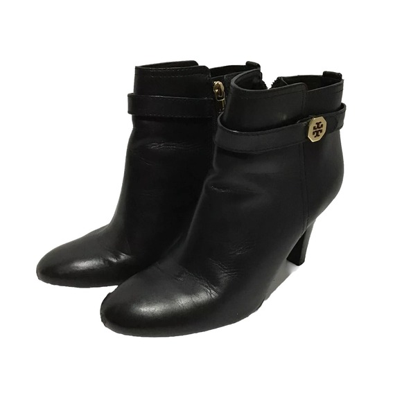 Tory Burch Brita Womens Solid Black Leather Heeled Bootie Dark Academia Size 8 - Picture 1 of 7